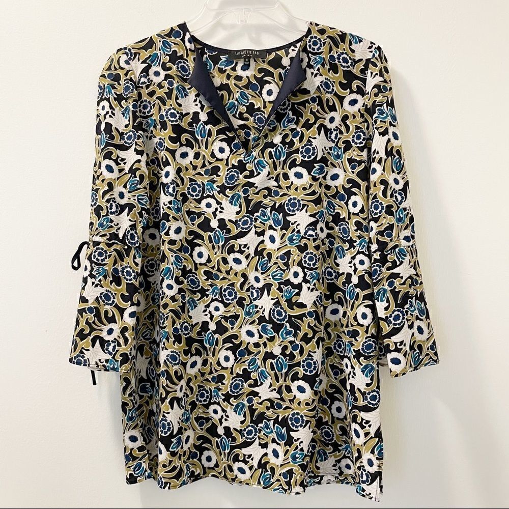 Lafayette 148 New York Floral V-Neck Blouse 3/4 Tie Sleeve Black Blue Green S